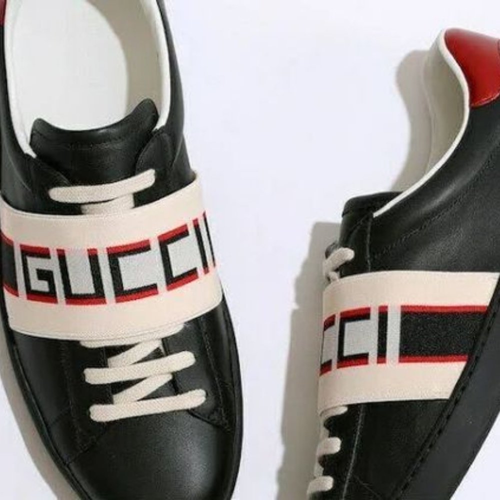 GUCCI MEN'S BLACK ACE ELASTIC BAND LEATHER FLAT LACE UP - Picture 4 of 17